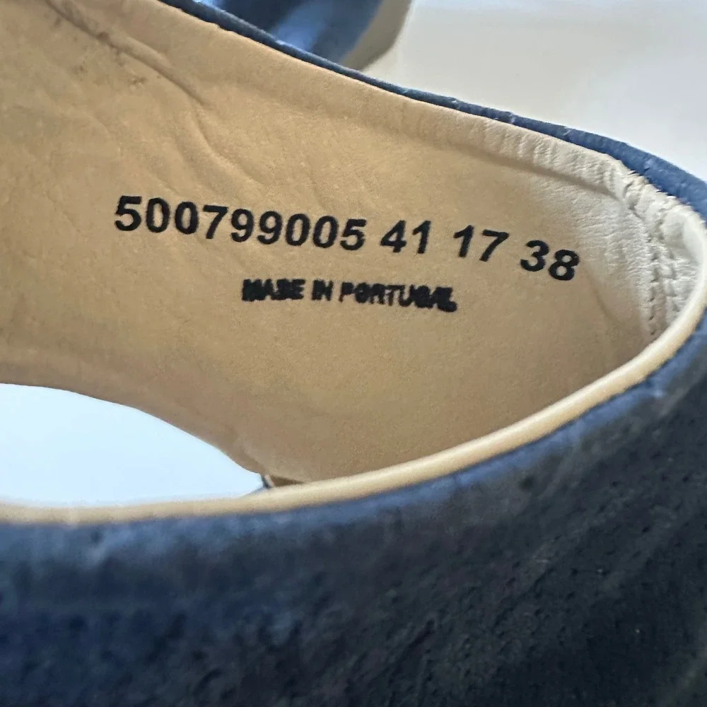 Fly London Ypul Wedge Sandals Navy Blue Perforated Suede Peep Toe size 38